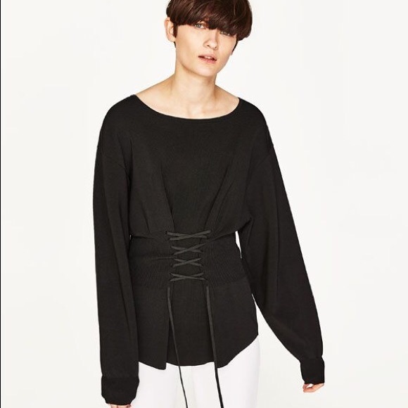 Essendi Vintage Corset Tie Mesh Detail Rib Knit Sweater